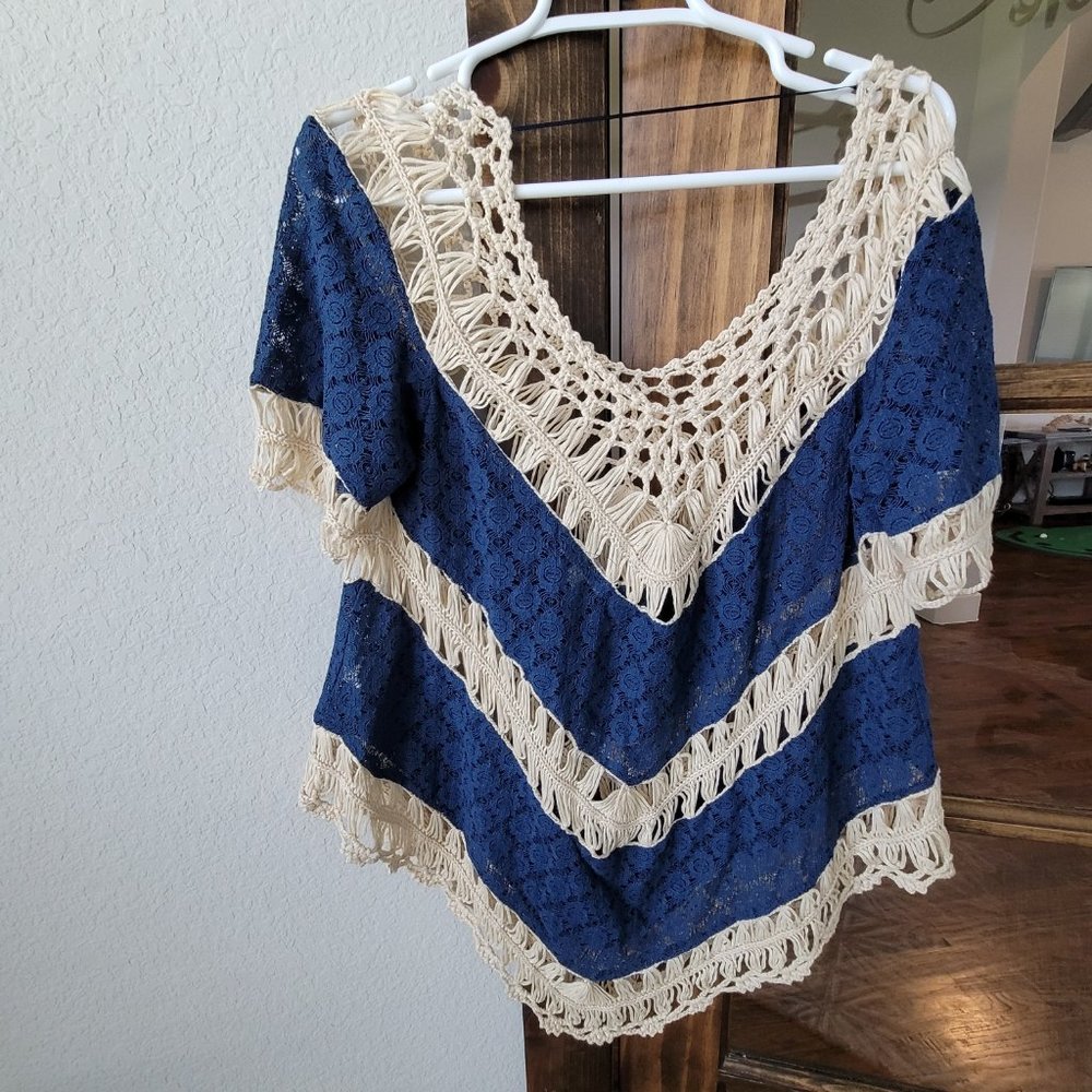 Umgee women's navy  blue boho crochet knit top - Picture 3 of 5
